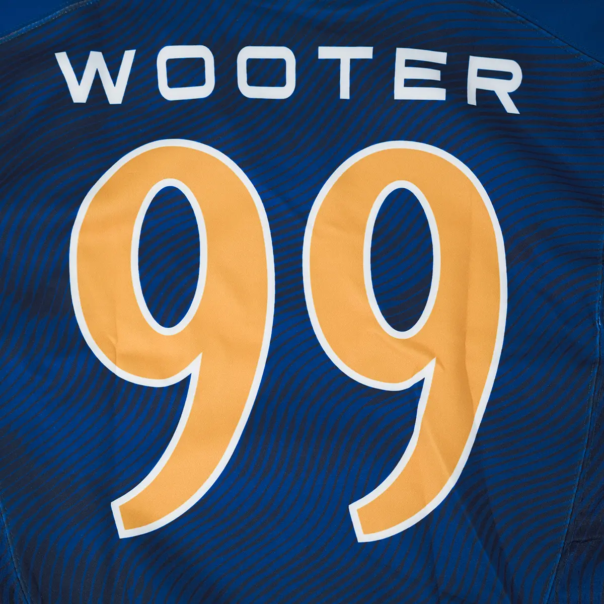 Custom Pro Football Jerseys - Closeup - Wooter Football Jersey - Blue and Gold Team Name and Number