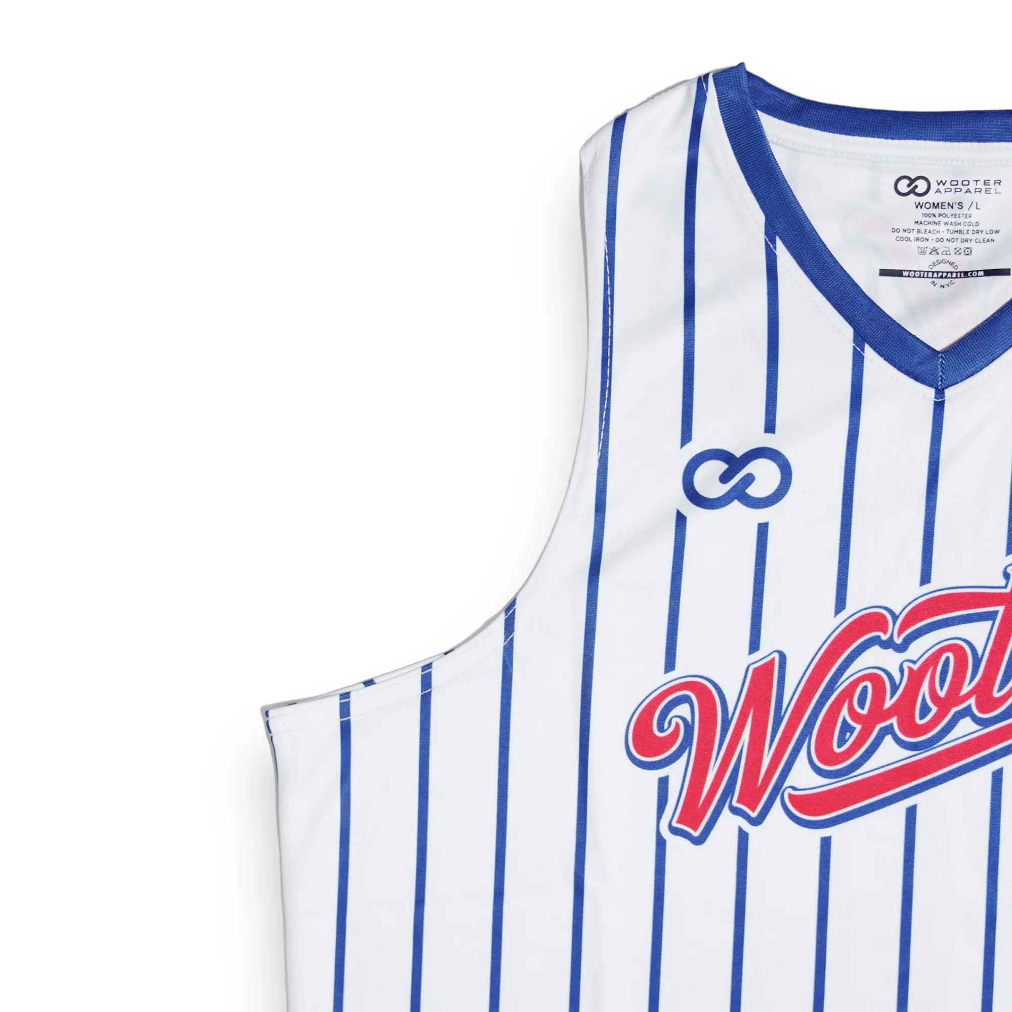 Wooter Custom Racerback V-Neck Baseball Jerseys - blue, white and red design| Wooter Apparel