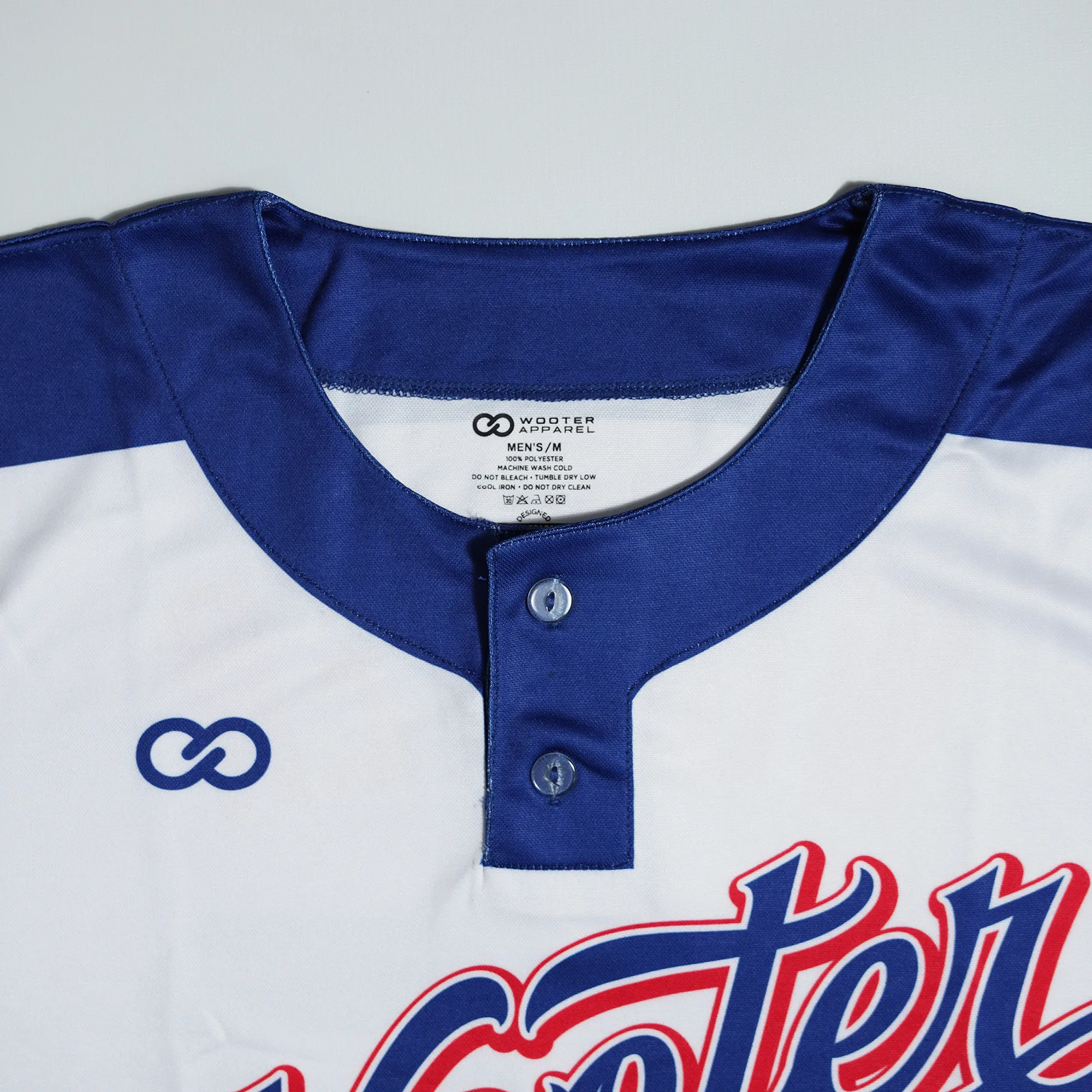 Wooter Custom 2-Button Baseball Jerseys, Sublimated and Custom Made Closeup of Front
