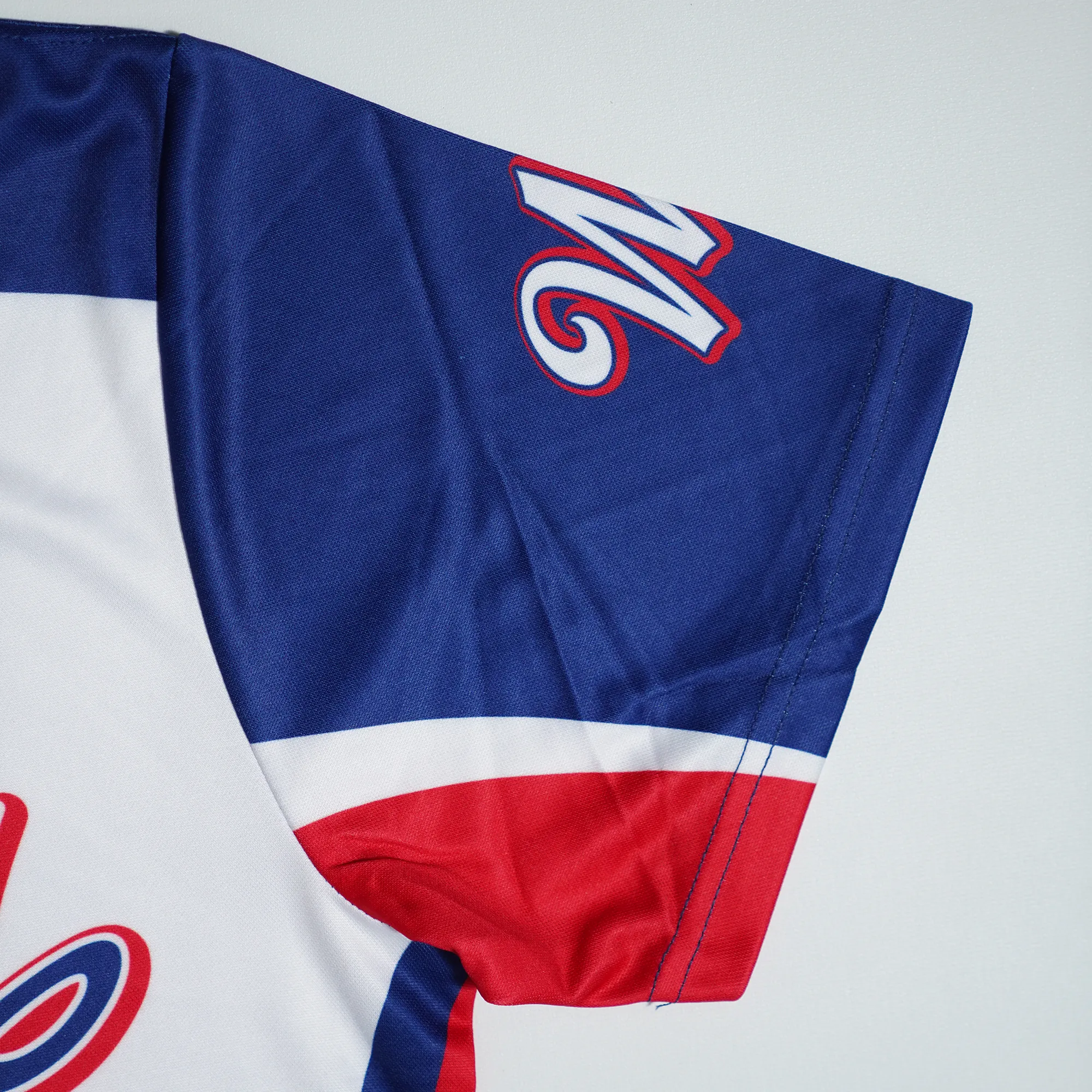 Wooter Custom 2-Button Baseball Jerseys, Sublimated and Custom Made Closeup of Front